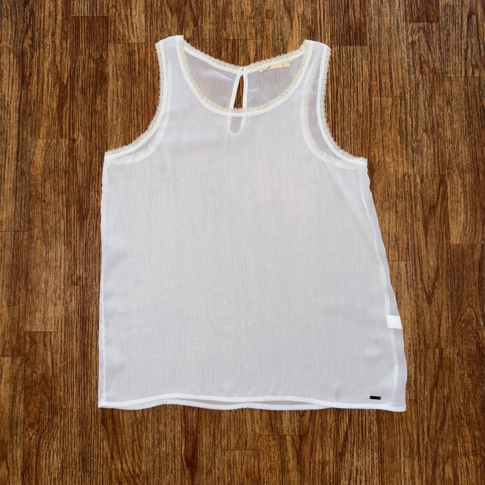 Hollister Tank Top Sheer White Lace Trim Blouse Sz S Romantic Soft Girl Feminine
